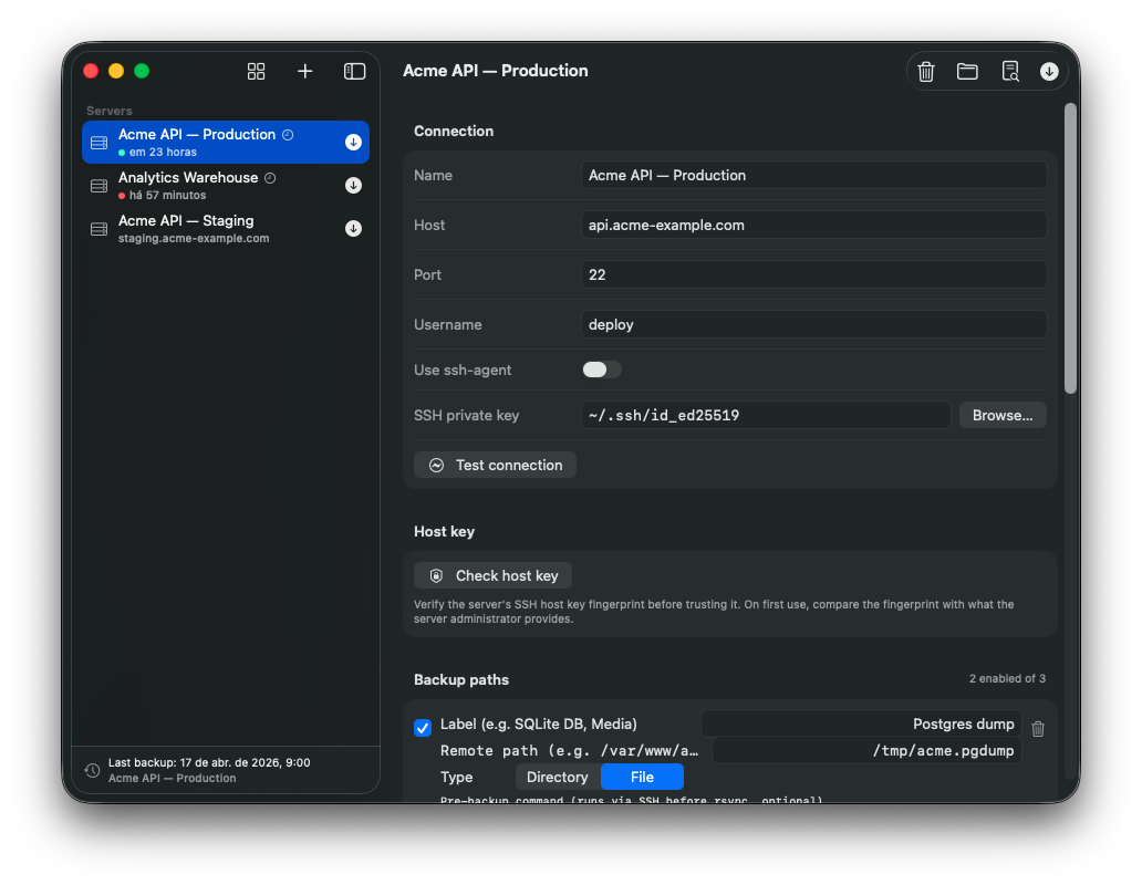 Server detail with SSH settings, paths, schedule, and retention